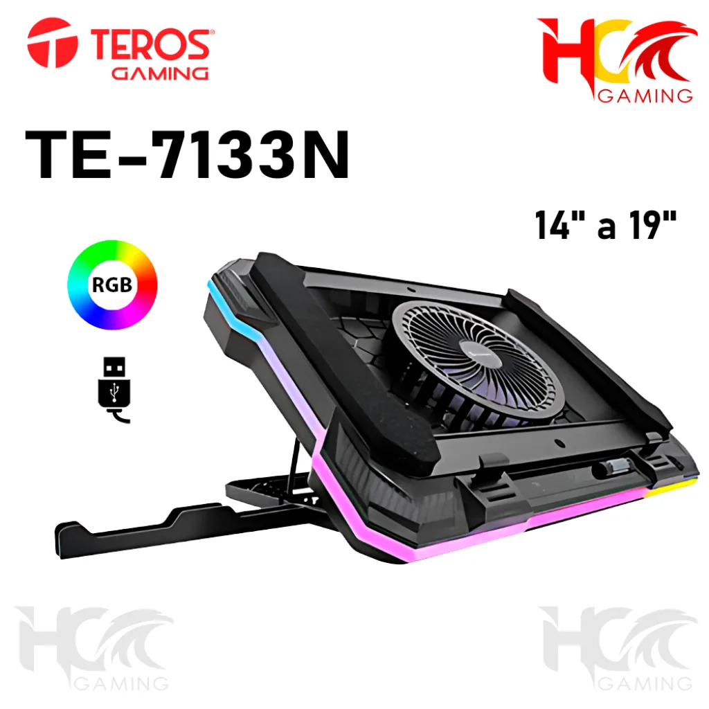 COOLER PARA LAPTOP TEROS (TE-7133N) 14" hasta 19" / USB 2.0 / 1 VENTILADOR / 300-2200 RPM / RGB / BLACK