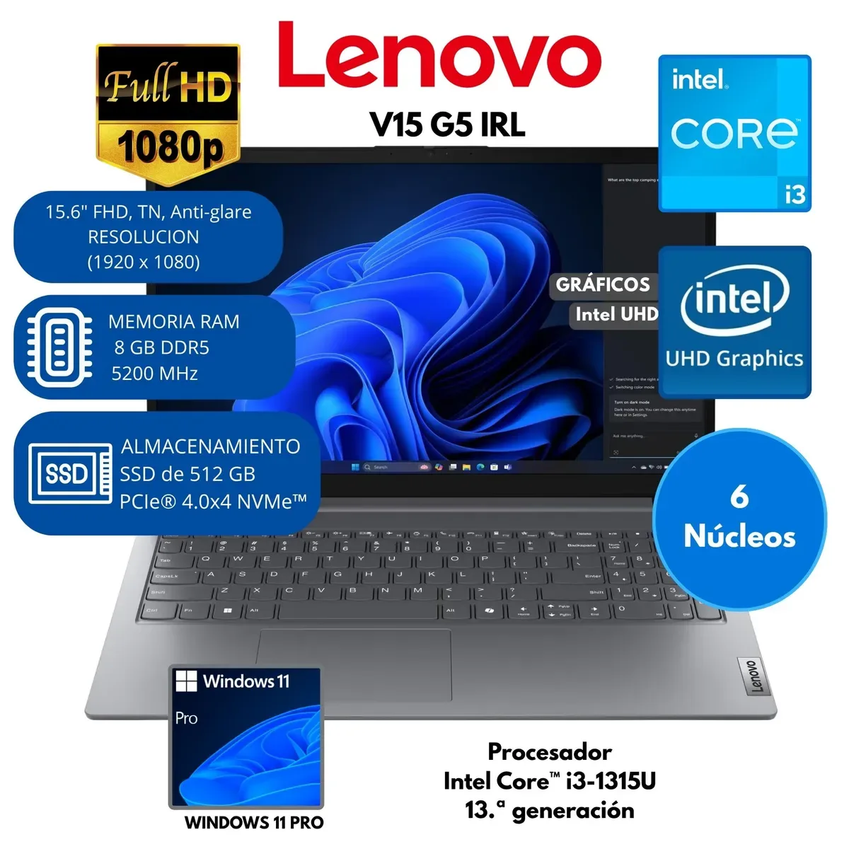 Laptop Lenovo V15 Intel Core i3 RAM 8 GB SSD 512 GB 15.6" FHD Windows 11 PRO