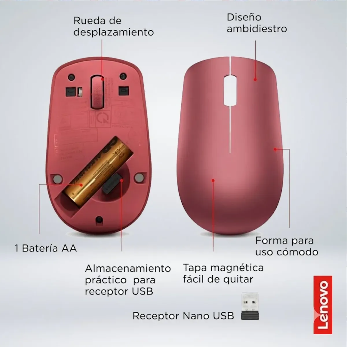 Mouse Inalambrico Lenovo 530 Ambidiestro 1200 Dpi - Rojo